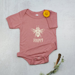 Bee happy infant onesie in mauve pink