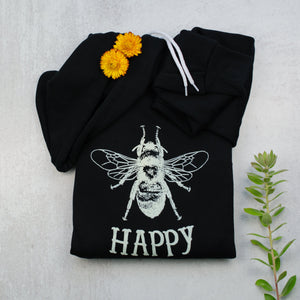 Bee happy black zip up hoodie in black with props