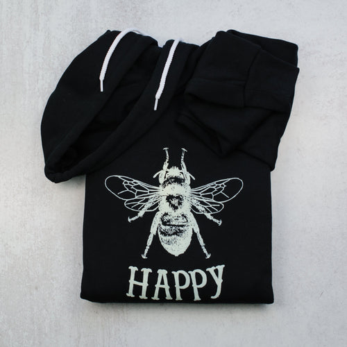 Bee happy black zip up hoodie in black