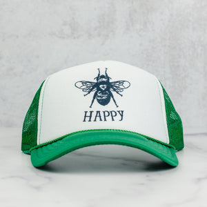 Bee happy mesh trucker hat in green and white