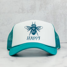 Load image into Gallery viewer, Bee happy mesh trucker hat in jade and white