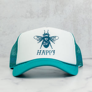 Bee happy mesh trucker hat in jade and white