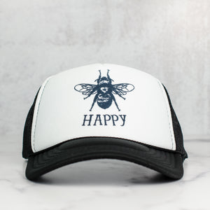 bee happy black trucker hat