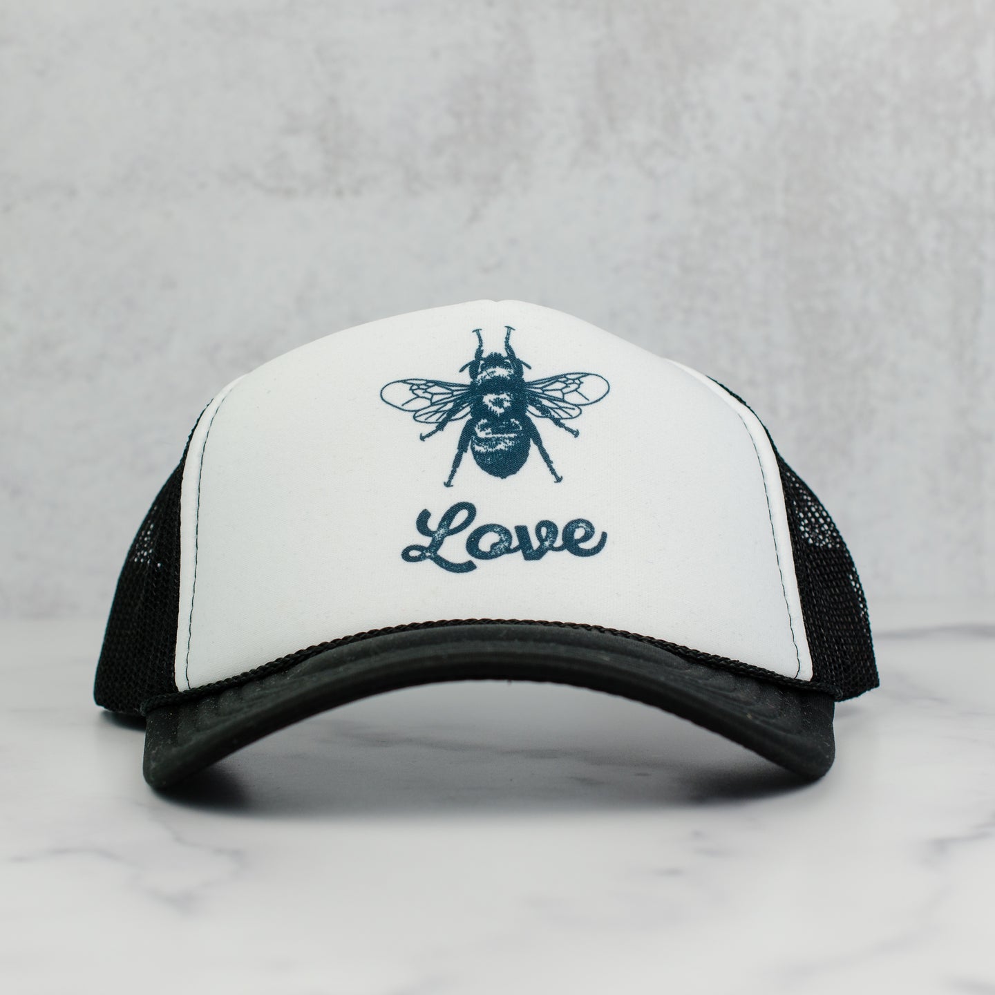 Bee love trucker hat, black and white