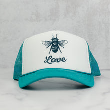 Load image into Gallery viewer, Bee love trucker hat, jade and white