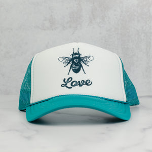 Bee love trucker hat, jade and white